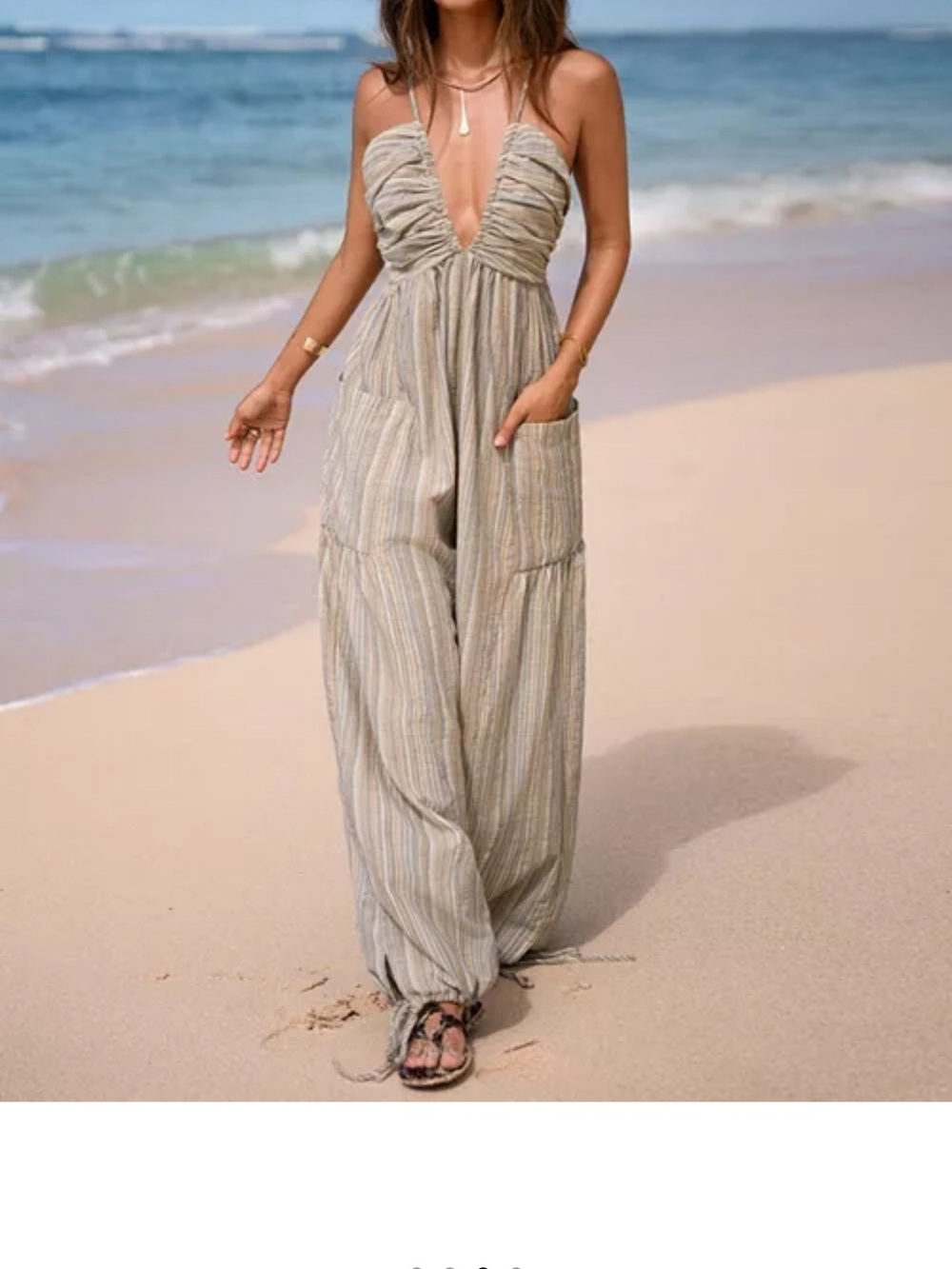 Cupshe Striped Wide-Leg Back-Tie Jumpsuit in Light Beige  NWOT - Picture 2 of 3